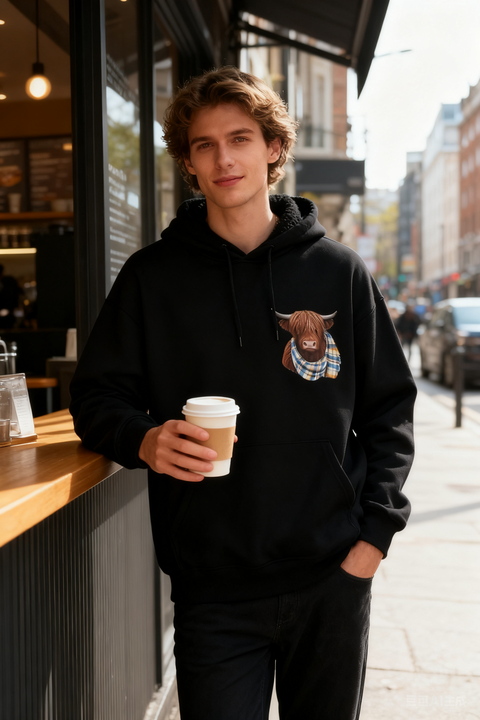 🎄🎅VÁNOČNÍ VÝPRODEJ S 50% SLEVOU!!🎁Roztomilá mikina s kapucí a fleecovou podšívkou s motivem skotské skotské kráva🦬