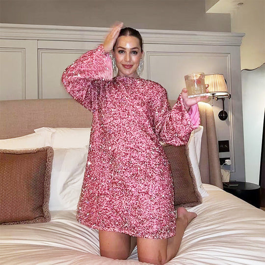 🖤Black Friday-uitverkoop: 50% KORTING🖤Dans de hele nacht pailletten op de rug, strik en losse mini-jurk