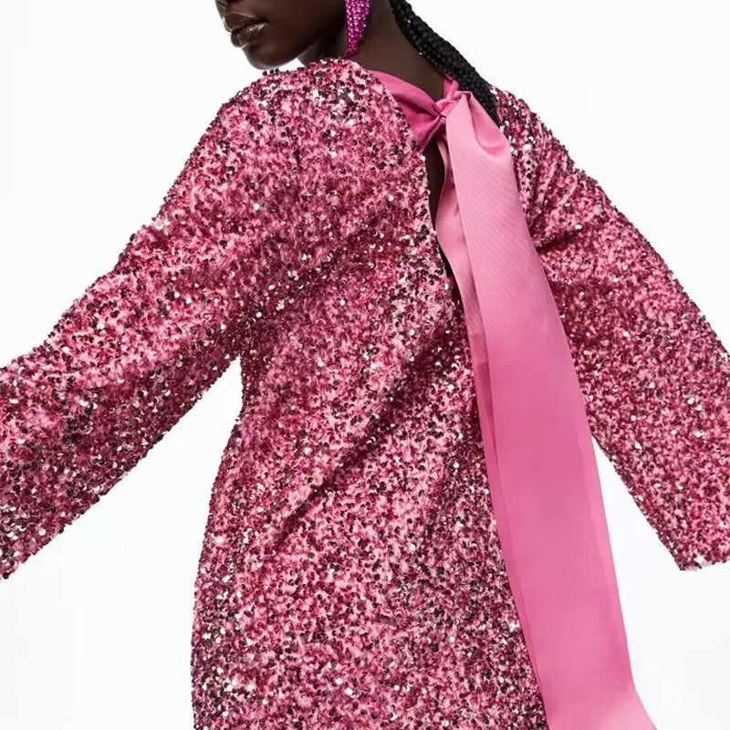 🖤Black Friday-uitverkoop: 50% KORTING🖤Dans de hele nacht pailletten op de rug, strik en losse mini-jurk