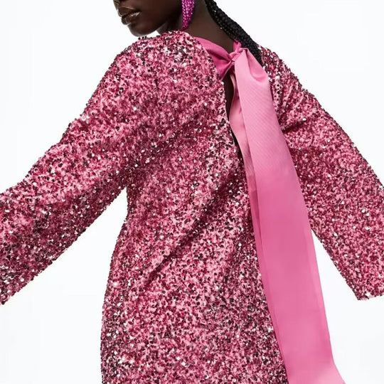 🖤Black Friday-uitverkoop: 50% KORTING🖤Dans de hele nacht pailletten op de rug, strik en losse mini-jurk