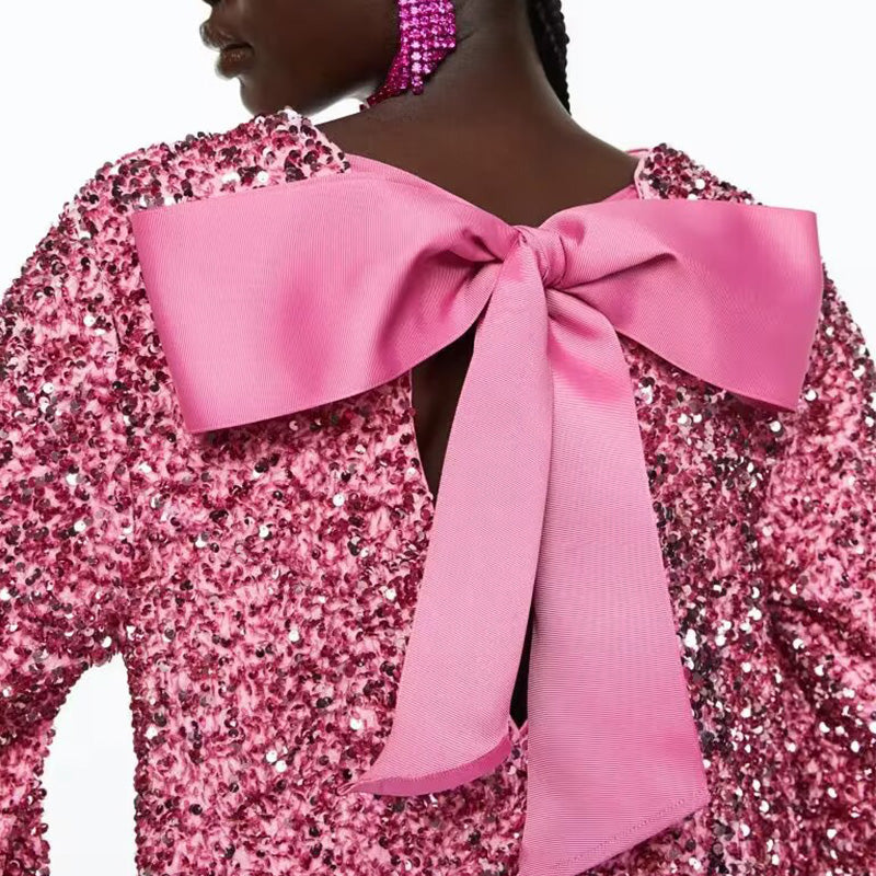 🖤Black Friday-uitverkoop: 50% KORTING🖤Dans de hele nacht pailletten op de rug, strik en losse mini-jurk