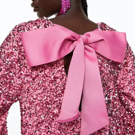 🖤Black Friday-uitverkoop: 50% KORTING🖤Dans de hele nacht pailletten op de rug, strik en losse mini-jurk