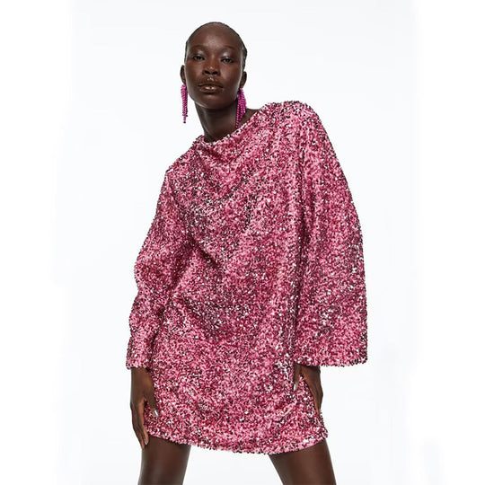 🖤Black Friday-uitverkoop: 50% KORTING🖤Dans de hele nacht pailletten op de rug, strik en losse mini-jurk