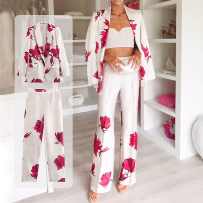 Women's Floral Print Long Sleeve Lapel Blazer & Pants Set