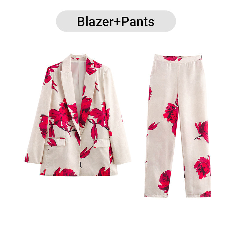 Women's Floral Print Long Sleeve Lapel Blazer & Pants Set