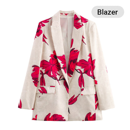 Women's Floral Print Long Sleeve Lapel Blazer & Pants Set