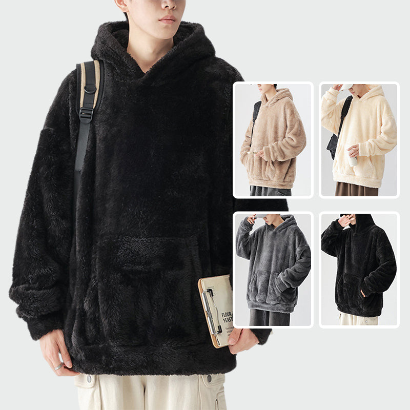 Solid Color Thickened Loose Fuzzy Hooded Sweatshirt