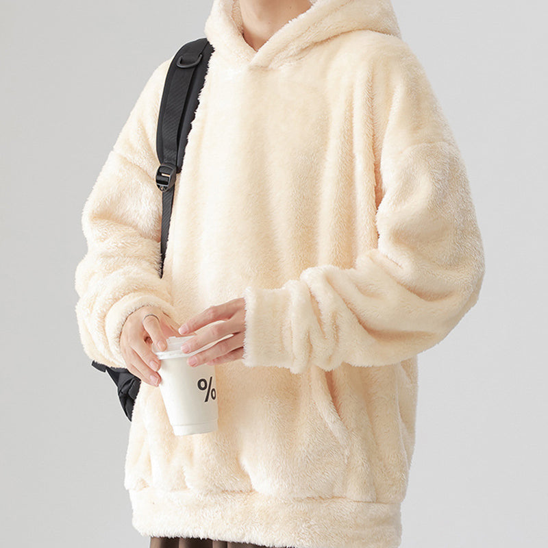 Solid Color Thickened Loose Fuzzy Hooded Sweatshirt