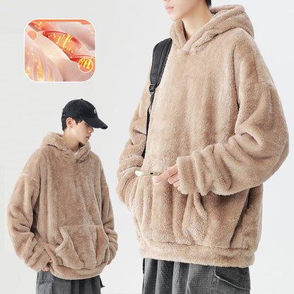 Solid Color Thickened Loose Fuzzy Hooded Sweatshirt