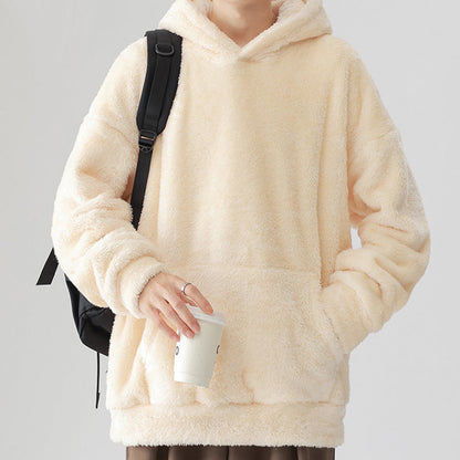 Solid Color Thickened Loose Fuzzy Hooded Sweatshirt