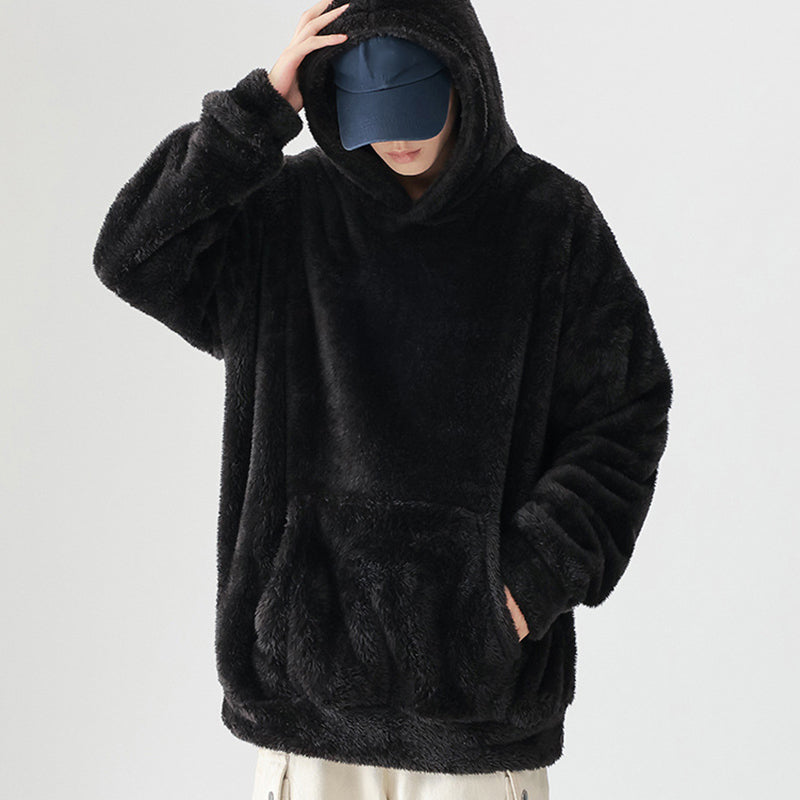 Solid Color Thickened Loose Fuzzy Hooded Sweatshirt