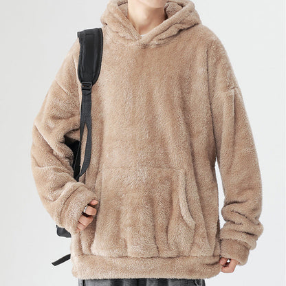 Solid Color Thickened Loose Fuzzy Hooded Sweatshirt