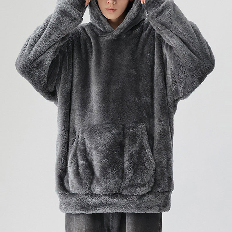 Solid Color Thickened Loose Fuzzy Hooded Sweatshirt