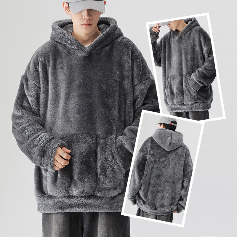 Solid Color Thickened Loose Fuzzy Hooded Sweatshirt