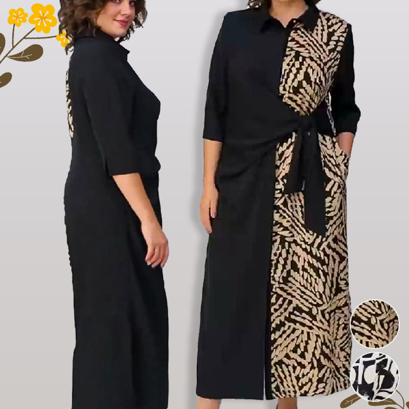 3/4 kollu renk bloğu baskılı yaka yarık elbise