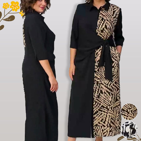 3/4 kollu renk bloğu baskılı yaka yarık elbise