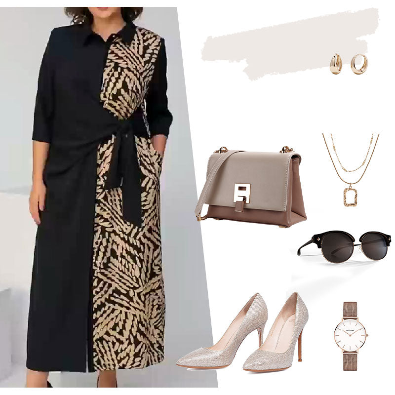 3/4 kollu renk bloğu baskılı yaka yarık elbise