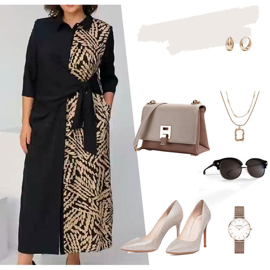 3/4 kollu renk bloğu baskılı yaka yarık elbise