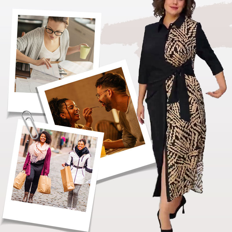 3/4 kollu renk bloğu baskılı yaka yarık elbise