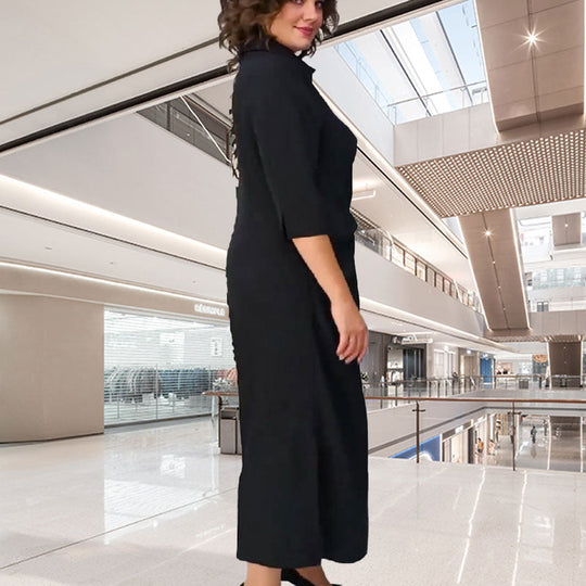 3/4 kollu renk bloğu baskılı yaka yarık elbise