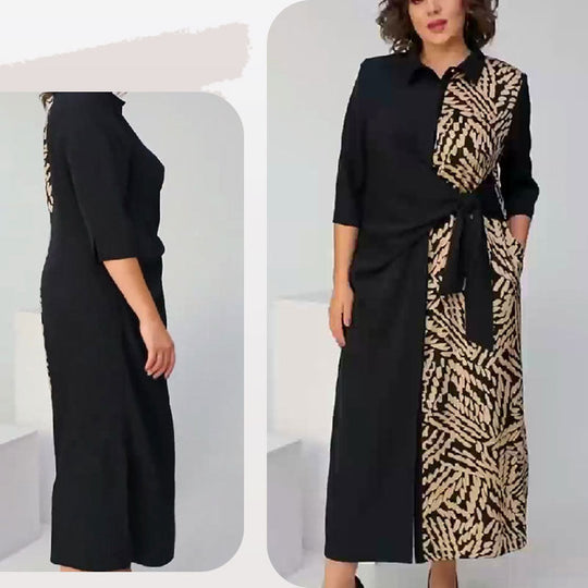 3/4 kollu renk bloğu baskılı yaka yarık elbise