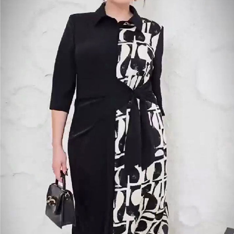 3/4 Sleeve Color-Block Printed Lapel Slit Dress