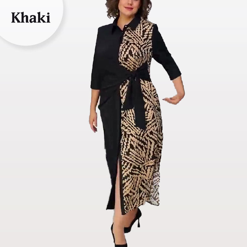 3/4 kollu renk bloğu baskılı yaka yarık elbise