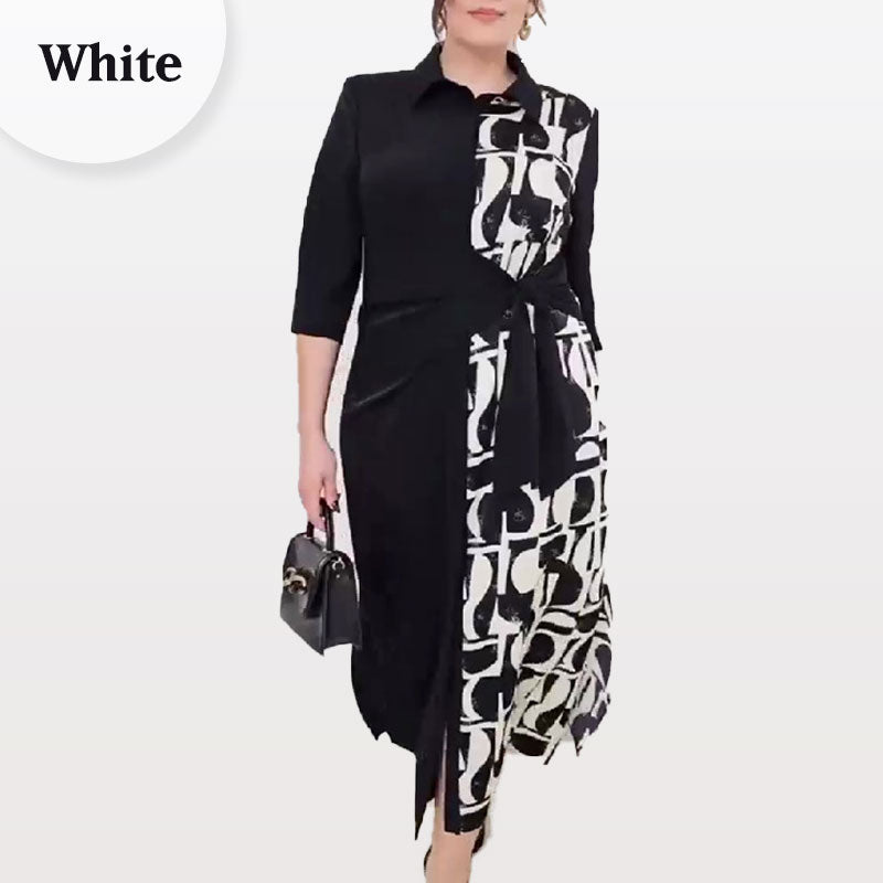 3/4 kollu renk bloğu baskılı yaka yarık elbise