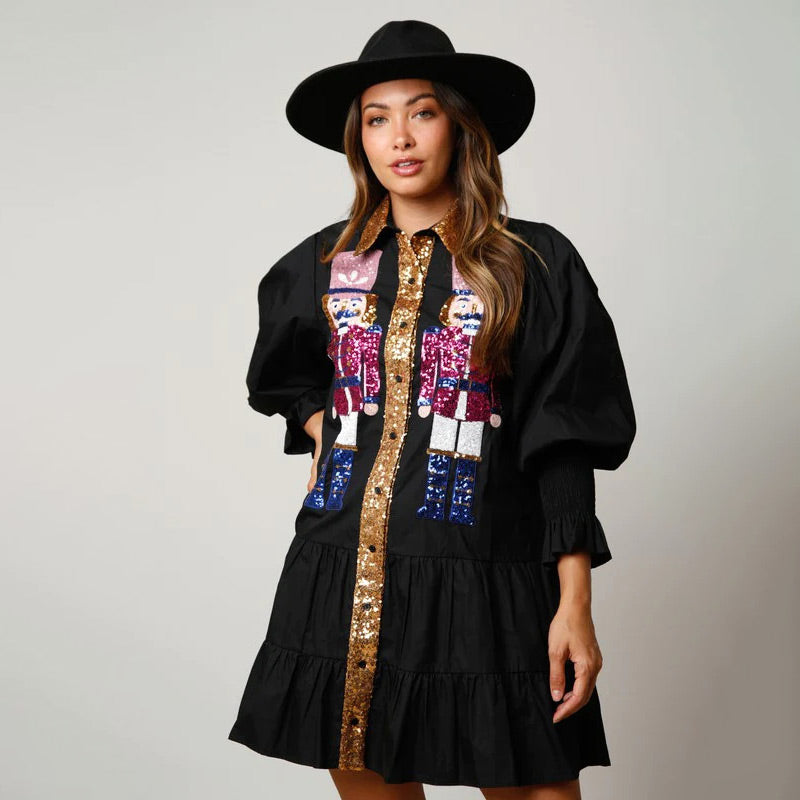 Nutcracker Sequin Button-Down Long Sleeve Mini Dress