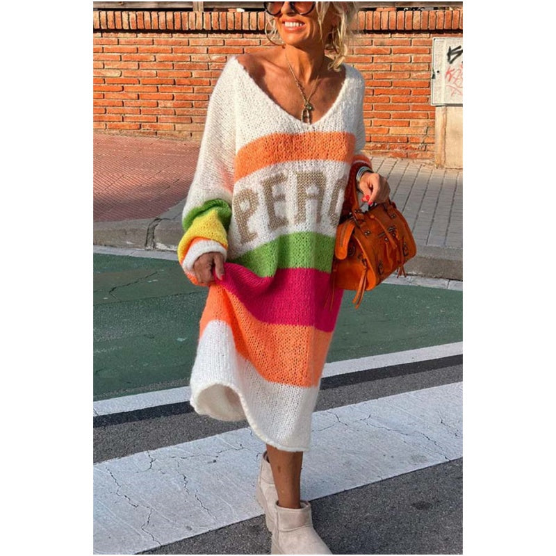 🔥🖤Black Friday Sale:50% OFF🔥Color Block V-Neck Letter Print Sweater Dress