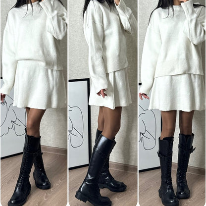 Women's casual knitted sweater skirt suit versatile college style sweet solid color 2-piece new autumn