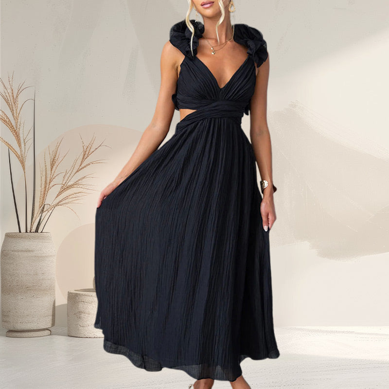 Luxe Lady Floral Ruffle Detail Back Lace-up Elastic Waist Maxi Dress