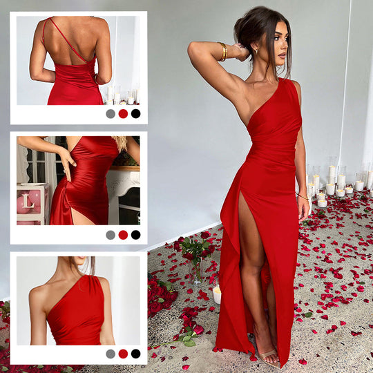 Se adapta a las curvas Satin One Sombe Drape Slit Maxi Vestido