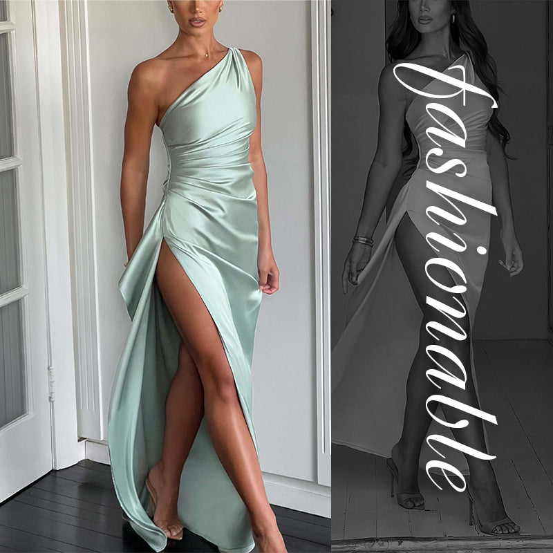 Fits Your Curves Satin One Shoulder Drape Slit Maxi Dress