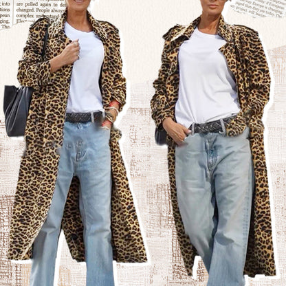 Be Free Velvet Leopard Print Long Sleeve Loose Midi Trench Coat