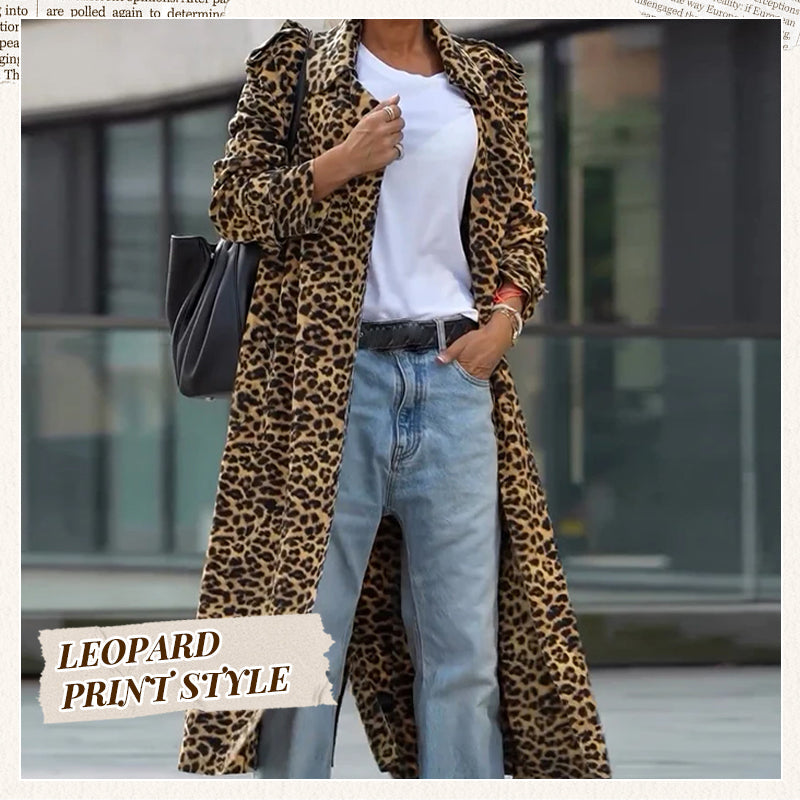 Be Free Velvet Leopard Print Long Sleeve Loose Midi Trench Coat