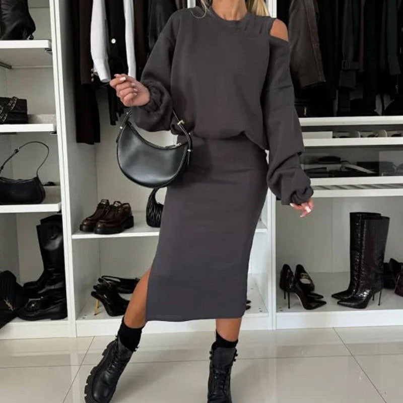 🖤Black Friday Sale:50% OFF🖤Women's Slanted Shoulder Sweatshirt & Sleeveless Dress Set