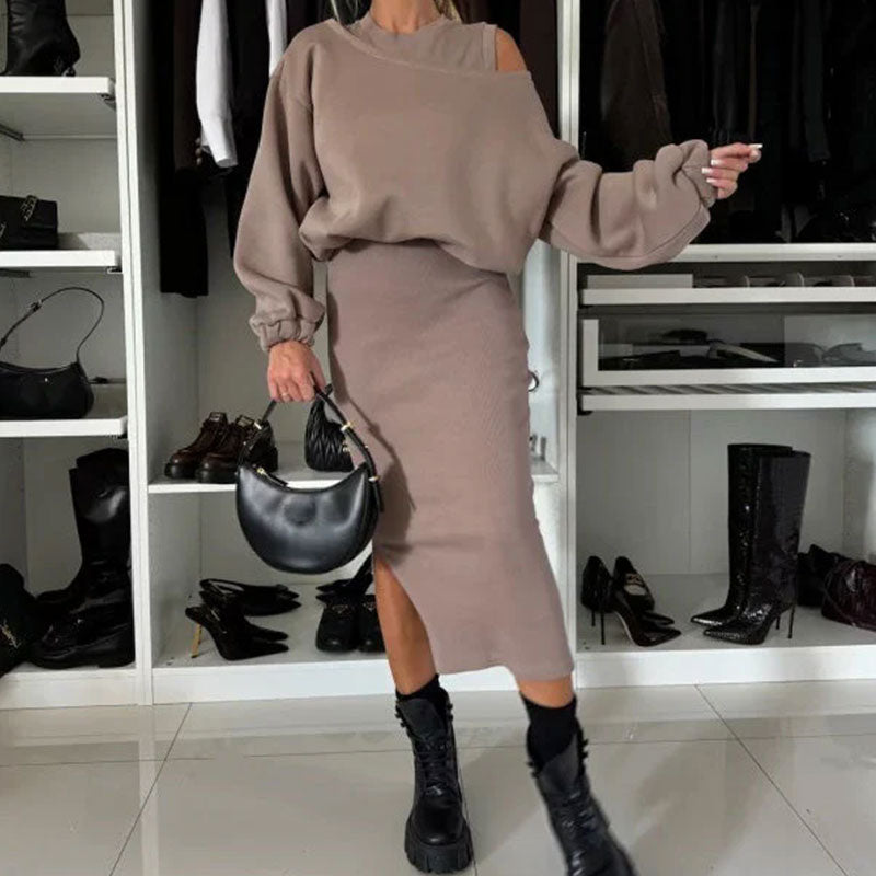 🖤Black Friday Sale:50% OFF🖤Women's Slanted Shoulder Sweatshirt & Sleeveless Dress Set