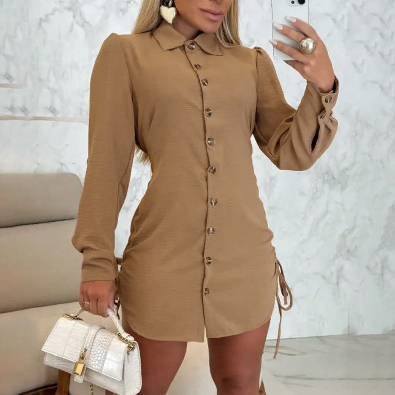 🎀Limited Sale 50% OFF🎀Women's Lapel Button-Down Side Drawstring Shirt Dress