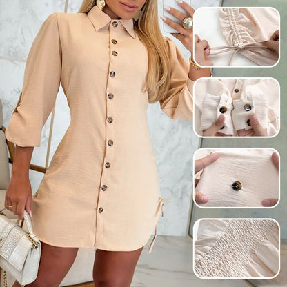 🎀Limited Sale 50% OFF🎀Women's Lapel Button-Down Side Drawstring Shirt Dress