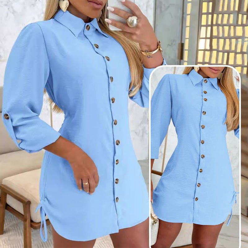 🎀Limited Sale 50% OFF🎀Women's Lapel Button-Down Side Drawstring Shirt Dress