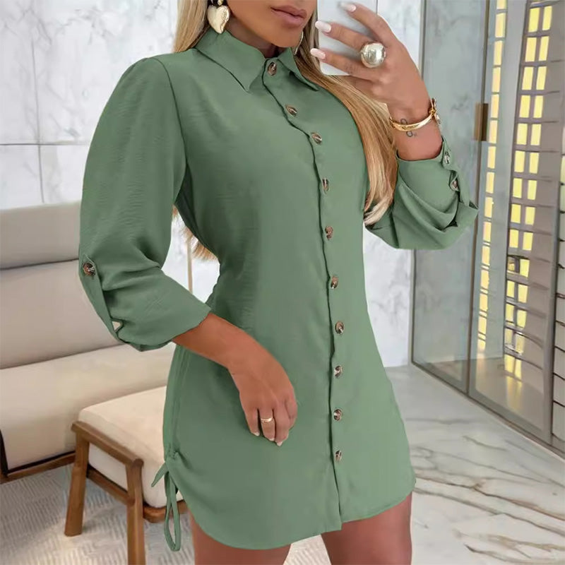 🎀Limited Sale 50% OFF🎀Women's Lapel Button-Down Side Drawstring Shirt Dress