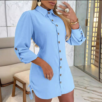 🎀Limited Sale 50% OFF🎀Women's Lapel Button-Down Side Drawstring Shirt Dress