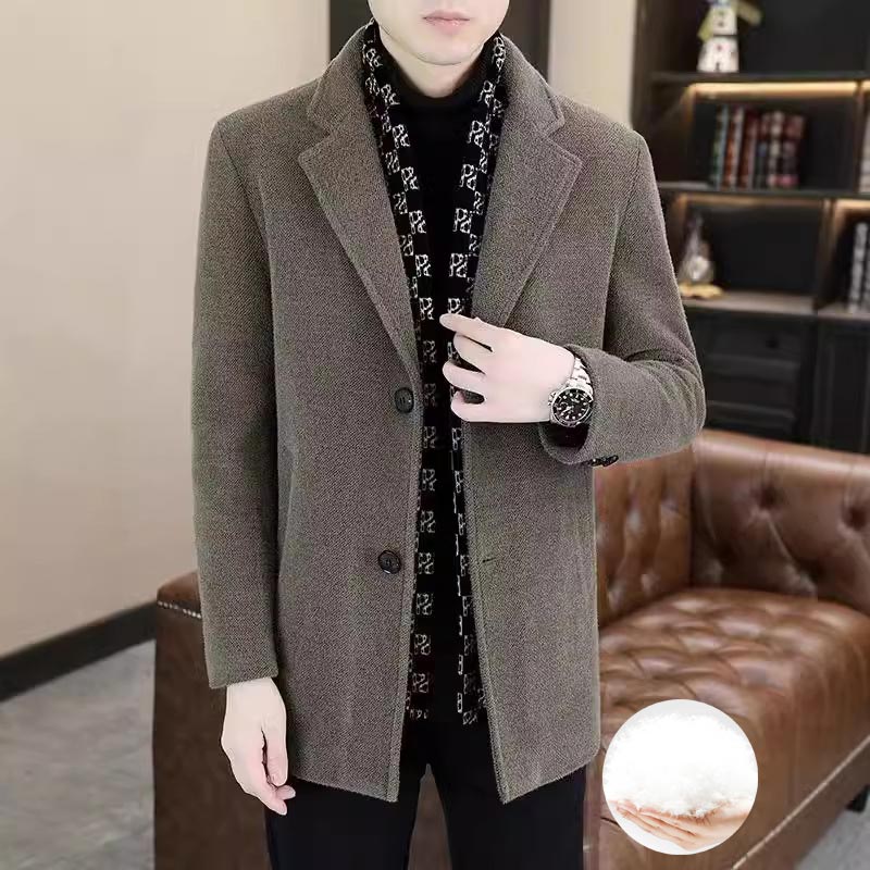 Men’s Stylish Notched Lapel Winter Tweed Jacket with White Duck Down Lining