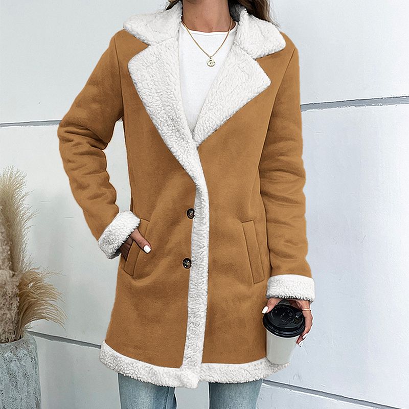 Women’s Mid-length Button-down Lapel Collar Coat with Sherpa Lining