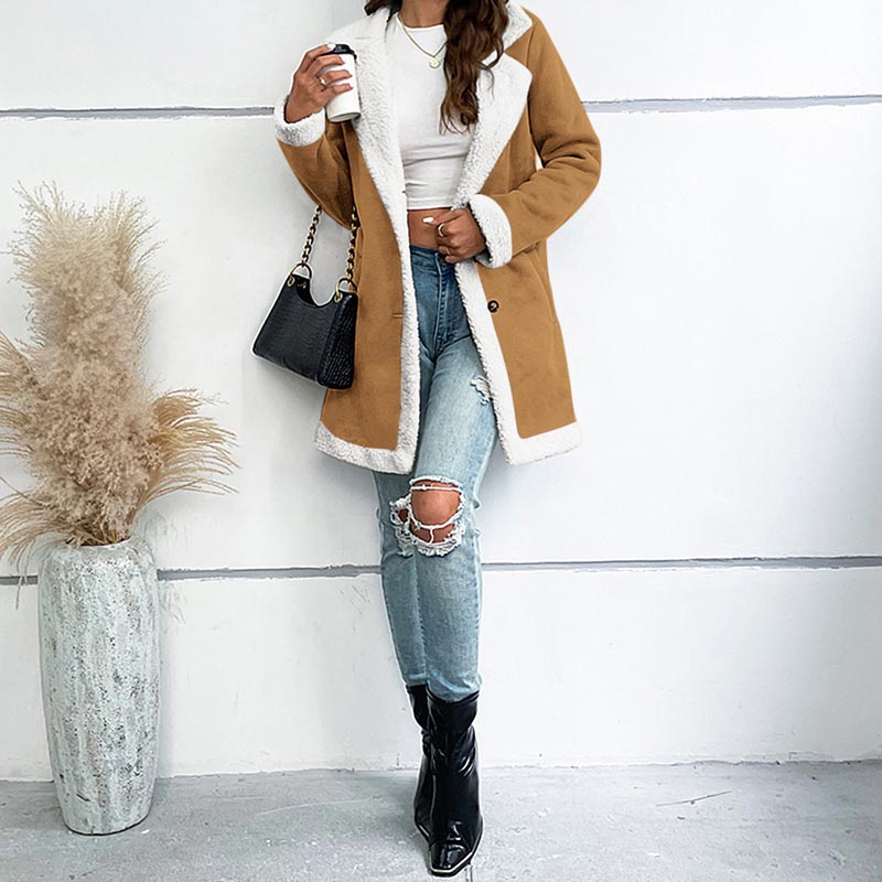 Kvinnors mellanlängd knäppta lapelkrage med sherpa-foder