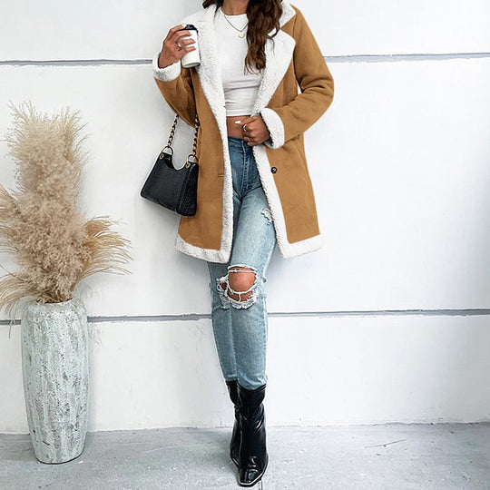 Kvinnors mellanlängd knäppta lapelkrage med sherpa-foder