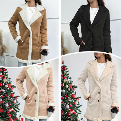 Women’s Mid-length Button-down Lapel Collar Coat with Sherpa Lining