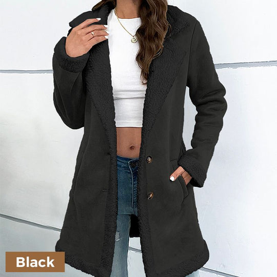 Kvinnors mellanlängd knäppta lapelkrage med sherpa-foder