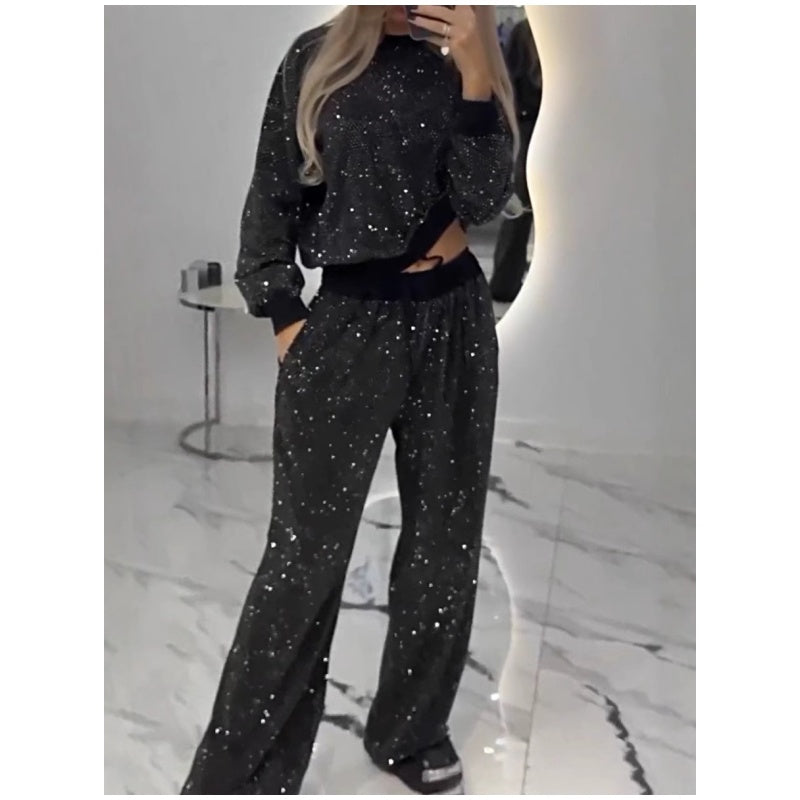 🔥🖤Black Friday Sale:50% OFF🔥Sequined Loose Fit Top and Wide Leg Pants Two-Piece Set